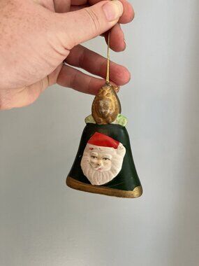 Vintage Ceramic Santa Christmas Bell Ornament With Gold & Green Accents